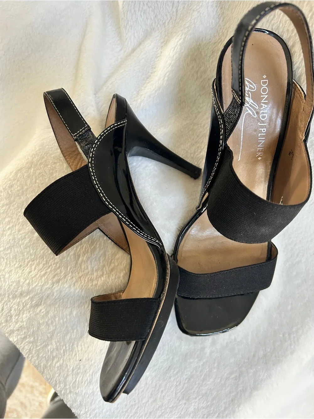 Donald J. Pliner Black Patent and Fabric Slingback Heels